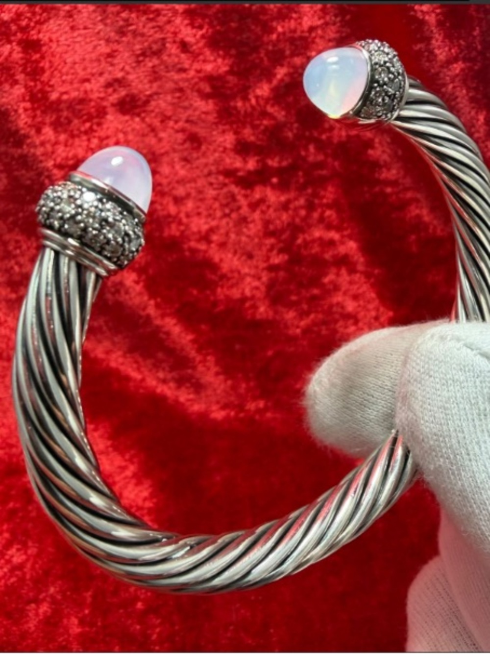 Tiffany & Coo Sterling Silver Twisted Cuff Bracelet with Opalescent Cabochons